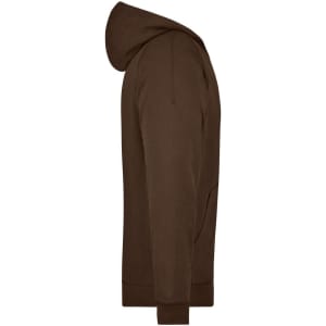 A brown hooded jacket with a kangaroo pocket and ribbed cuffs, featuring a logo on the front.