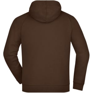 A brown hooded jacket featuring a simple design and a back view. The jacket has a hood and long sleeves.