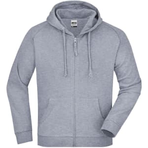 A grey hooded jacket featuring a zip front, long sleeves, and a logo on the chest.