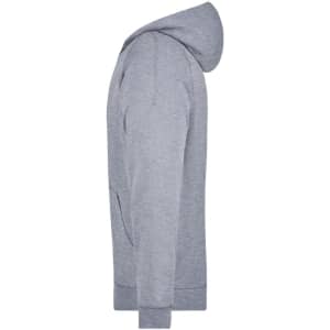 A grey hooded jacket with long sleeves and a front pocket, featuring a logo on the front.