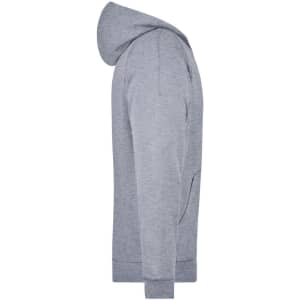 A grey hooded jacket with a front pocket and a stylish design. The jacket features a logo.