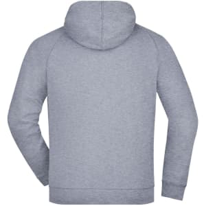 A grey hooded jacket with a back view, featuring a relaxed fit and a hoodie. It has a logo on the design.
