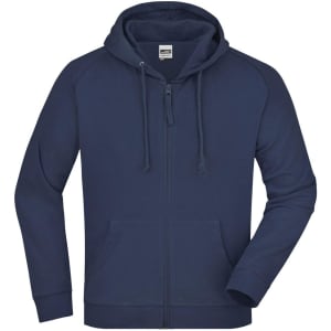 A navy hooded jacket featuring a zippered front and a kangaroo pocket, with a logo on the chest.
