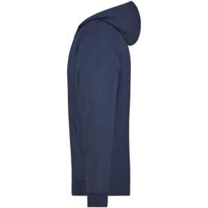 A navy hooded jacket with a side view, featuring a kangaroo pocket and a logo.