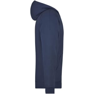 A navy hooded jacket with a side view, featuring a kangaroo pocket and ribbed cuffs. It has a brand logo.