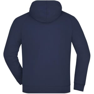 A dark navy hooded jacket with a smooth surface and raglan sleeves, featuring a hood and a simple design.
