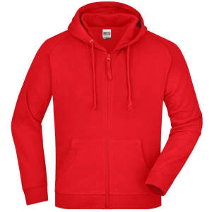 A red hooded jacket with a zip front and a logo on the chest area.
