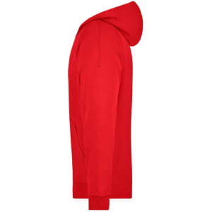 A red hooded jacket with a kangaroo pocket and a fitted design, featuring a logo on the front.