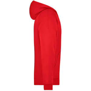 A red hooded jacket with a kangaroo pocket, featuring a logo on the front.