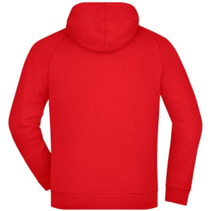 A red hooded jacket with a plain back design and a fitted hood. It features a logo on the back.