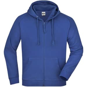 A blue hooded jacket featuring a zip front and drawstring. The jacket has a simple design and includes a logo.