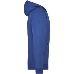 A blue hooded jacket featuring a kangaroo pocket and ribbed cuffs. It has a logo on it.