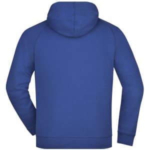 A blue hooded jacket with a simple design, featuring a hood and long sleeves, and a logo on the back.