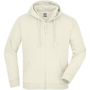 A cream hooded jacket with a zip front, featuring a kangaroo pocket and drawstring hood, includes a logo.