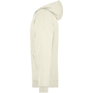 A cream hooded jacket viewed from the side, featuring a hood and a front pocket, with a subtle logo.