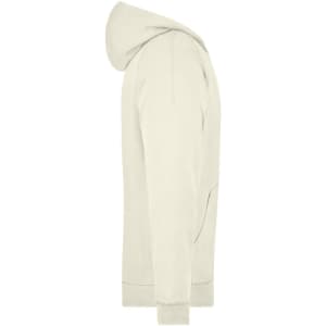 A light beige hooded jacket with a side view, featuring a kangaroo pocket and a logo.