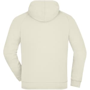 A light cream hooded jacket with a full back view, featuring a logo on the upper back.