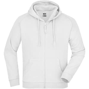 A hooded jacket in light grey featuring a front zipper and a drawstring hood. It has a logo on it.