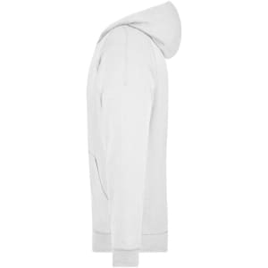A white hooded jacket with a kangaroo pocket and a logo on the chest. It features ribbed cuffs and hem.
