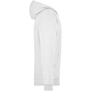 A grey hooded jacket displaying a side view, featuring a pocket and a logo on the front.
