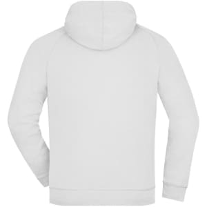 A hooded jacket in white, featuring a simple design and a rear view with a small logo on the back.