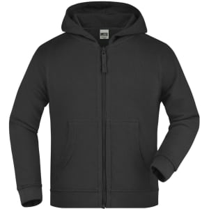 A hooded jacket in black with a zip front and pockets, featuring a logo on the label.