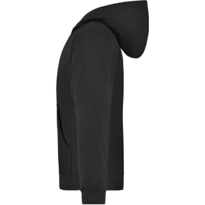 A hooded jacket in black, featuring long sleeves, a front pocket, and a logo on the side.