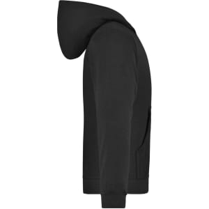 A black hooded jacket for juniors with a kangaroo pocket and ribbed cuffs. Features a logo on the front.