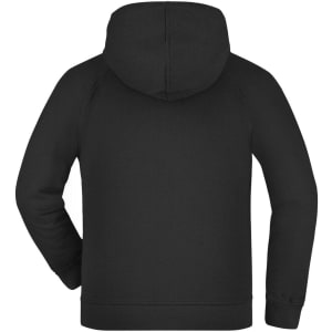 A black hooded jacket with a kangaroo pocket and a logo on the back. Suitable for juniors.