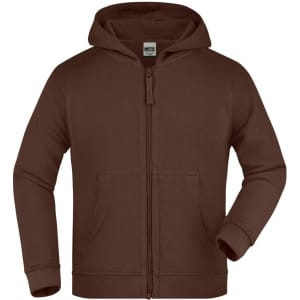A brown hooded jacket with a zip and front pockets, designed for juniors. Features a simple design and a logo.