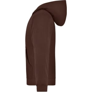 A brown hooded jacket with a side view, featuring a hood and a pocket, and has a logo.