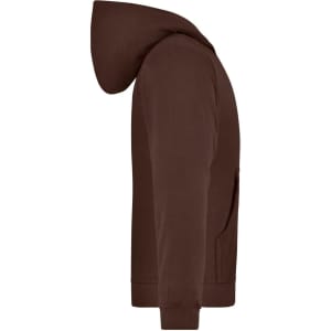 A brown hooded jacket junior displayed from the side, featuring a hood and a pocket. It has a simple design.