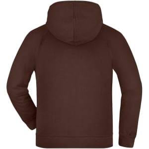 A brown hooded junior jacket with a simple design and a rear view, featuring a hood and long sleeves.