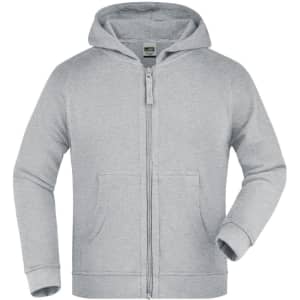 A hooded jacket in light grey, featuring a zipper, pockets, and long sleeves. It has a logo on the label.