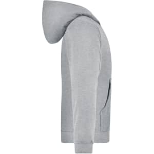 A grey hooded jacket for juniors, featuring a side view and a kangaroo pocket, with an attached hood.