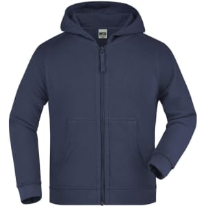 A hooded jacket in navy blue, featuring a zip front and side pockets. The jacket has a branded label inside.