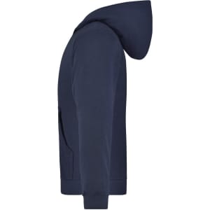 A navy hooded jacket featuring a side view with a smooth finish and a logo on the chest.