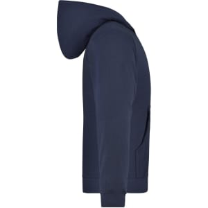 A navy blue hooded jacket for juniors, featuring a side view and a pocket. It has a logo on it.