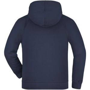 A navy hooded jacket junior with a simple design and a back view showcasing the hood and sleeves. It has a logo.