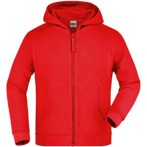 A red hooded jacket with a zip and pockets. It features a logo on the label.