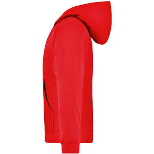 A red hooded jacket for juniors, featuring a front pocket and a hood, with a logo present.