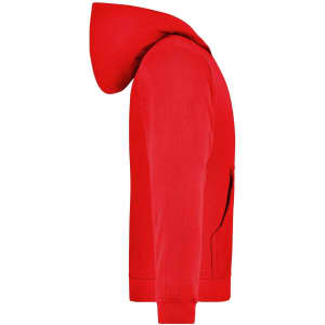 A red hooded jacket for juniors with a side view showcasing its design and pocket. It features a logo.