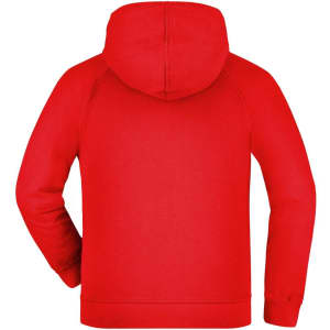 A red hooded jacket for juniors, featuring a spacious hood and long sleeves. It includes a logo on the back.