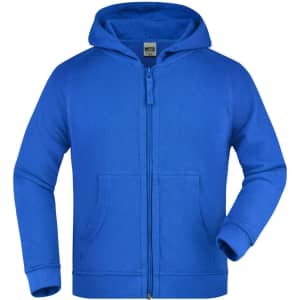 A blue hooded jacket for juniors featuring a zip front and front pockets, complete with a logo on the chest.