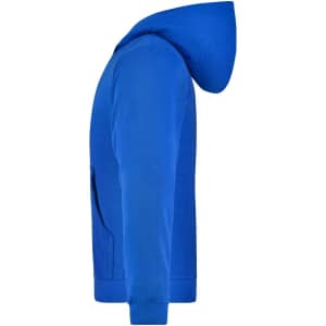 A blue hooded jacket junior with a kangaroo pocket, featuring a logo on the side.