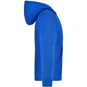 A side view of a bright blue junior hooded jacket, featuring a hood and a kangaroo pocket.