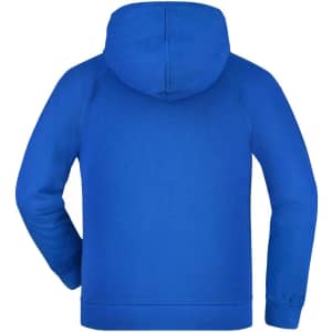 A blue hooded jacket for juniors, featuring a simple design and a hood. Includes a logo on the back.