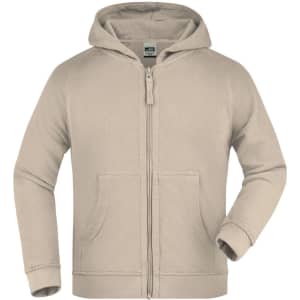 A hooded jacket in a light beige colour with a zip front and pockets, featuring a logo on the chest area.