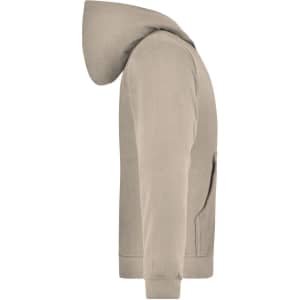 A hooded jacket in beige, featuring a front pocket and a casual fit. It includes a logo on the design.
