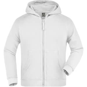 A white hooded jacket with a zip front and two front pockets. It has a logo on the chest.